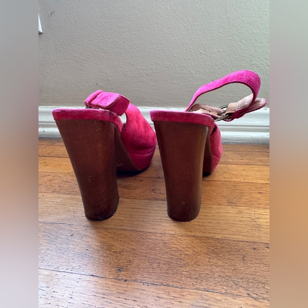 Jeffrey Campbell Pink Suede Peep Toe Heels w Wooden Heels - Picture 8 of 10